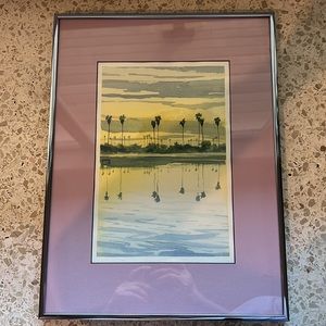 Original Todd Winters watercolor of palm trees & bay reflection.Great 80s decor!